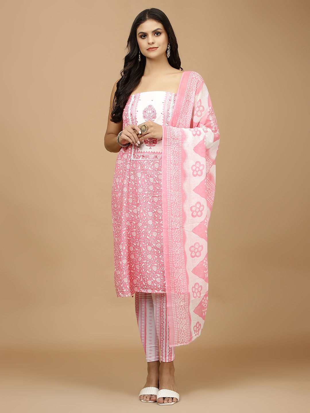 

Meena Bazaar Floral Printed Beads and Stones Unstitched Dress Material, Pink