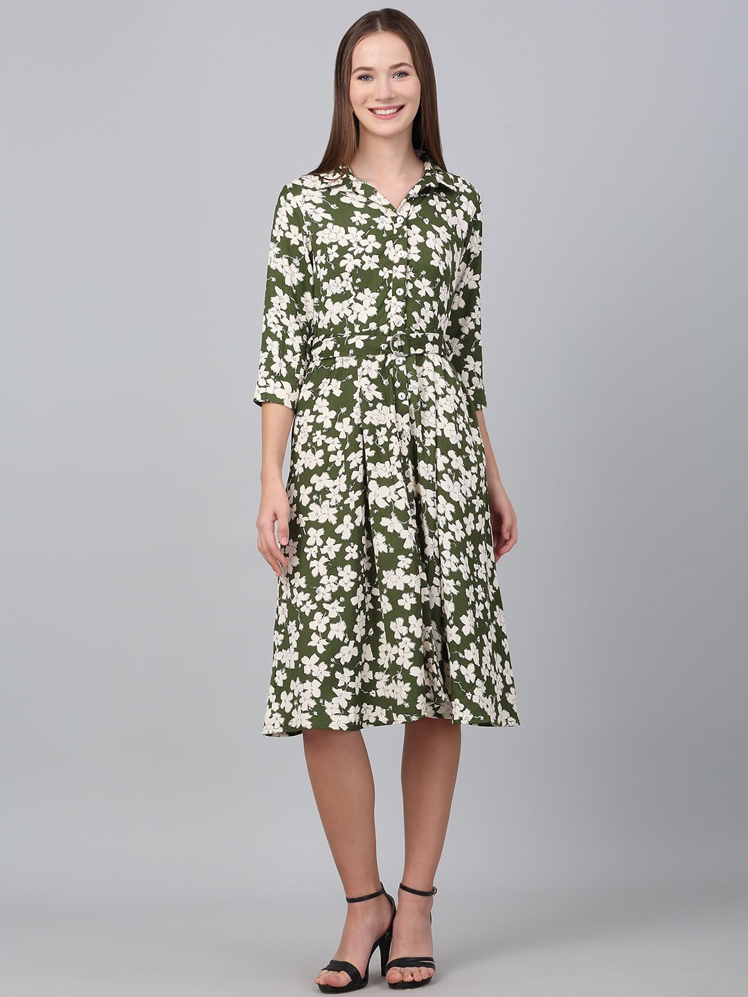 

Cantabil Floral Printed Belted Fit & Flare Dress, Olive