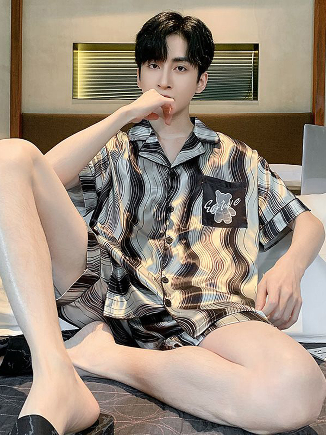 

StyleCast Printed Short Sleeve Shirt With Shorts Night Suit, Black