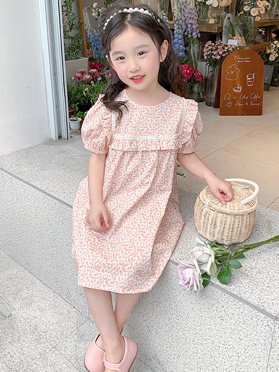 

LULU & SKY Girls Floral Printed Puff Sleeve Cotton Empire Dress, Pink