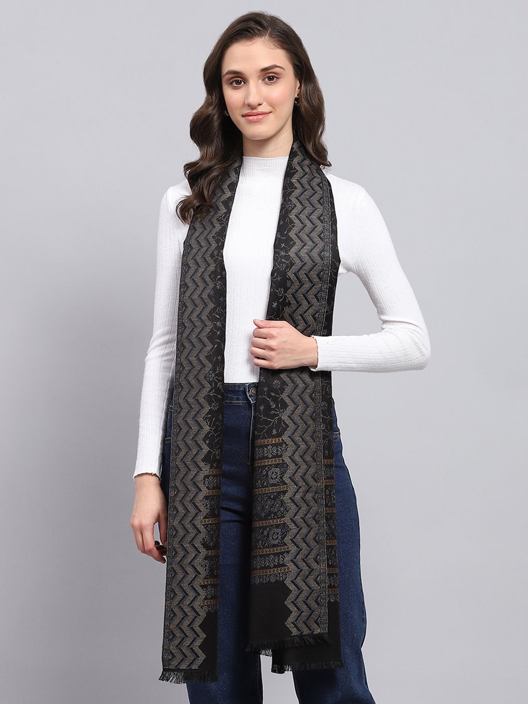 

Monte Carlo Women Floral Printed Woven Design Stole, Black