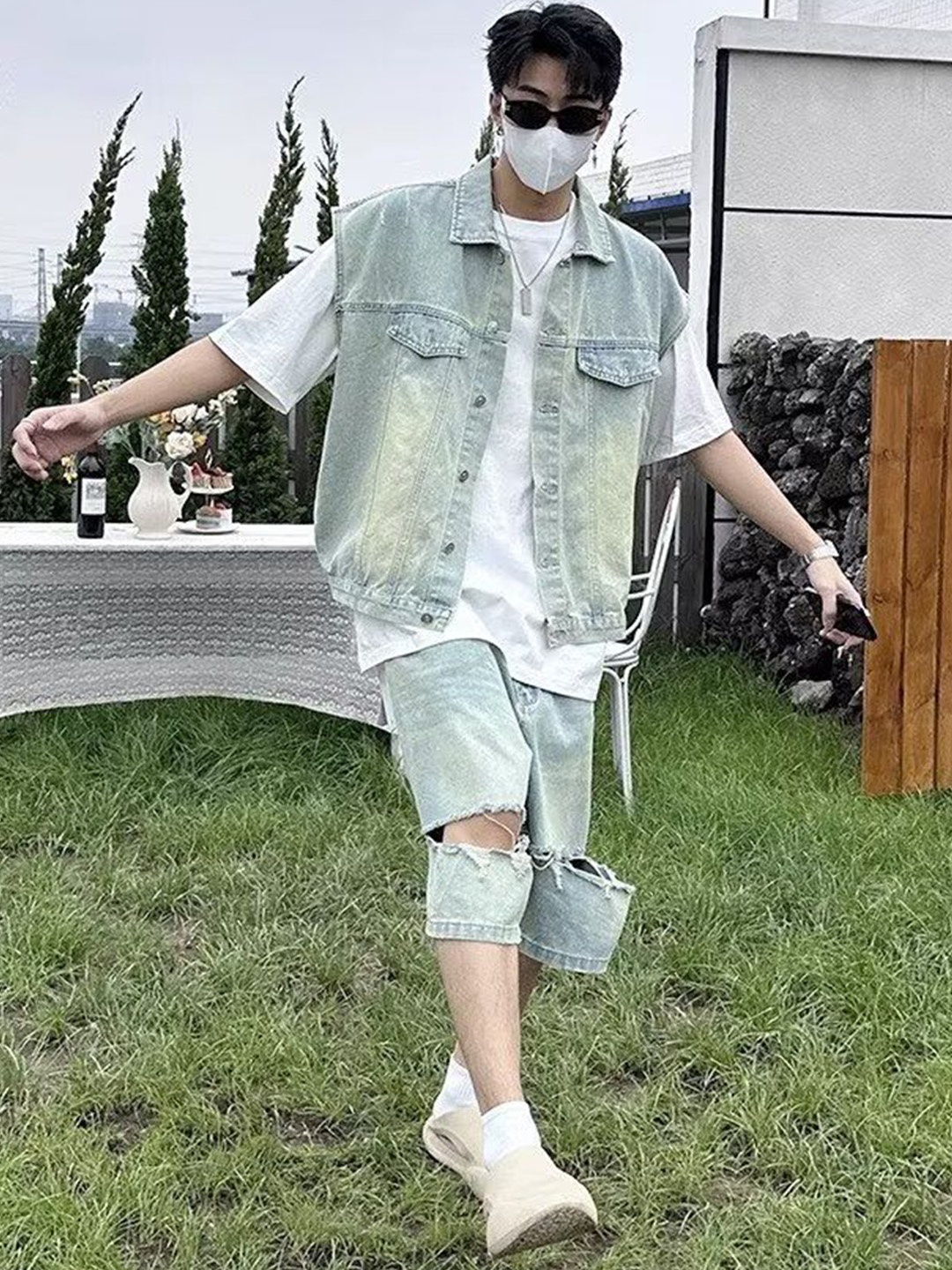

StyleCast Shirt Collar Sleeveless Pure Cotton Coat With Shorts, Blue