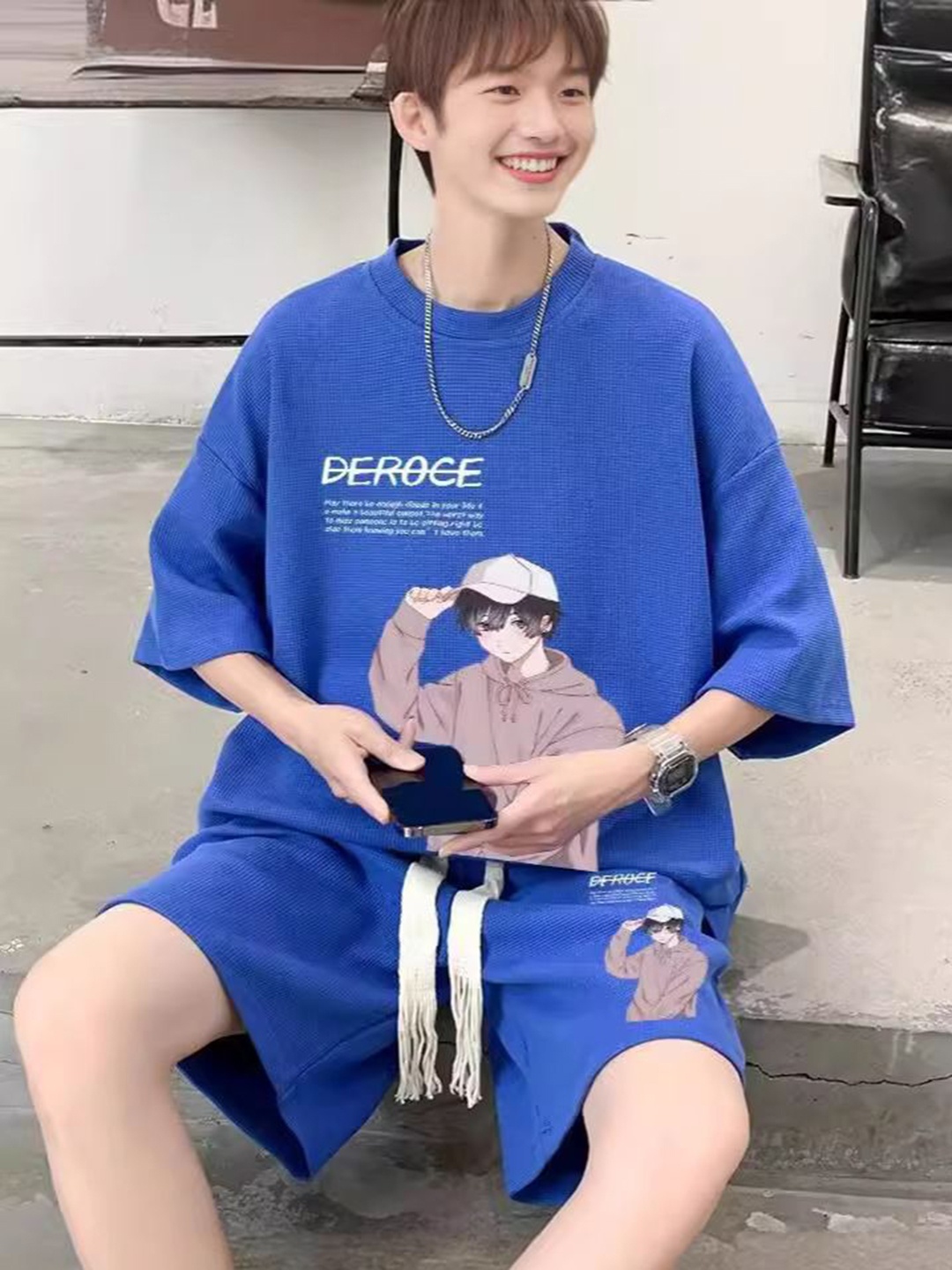 

StyleCast Blue Printed Round Neck Short Sleeves Casual T-Shirt With Shorts