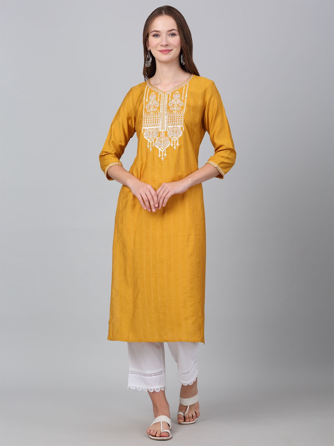 

Cantabil Women Mustard Ethnic Motifs Yoke Design V-Neck Thread Work Kurta