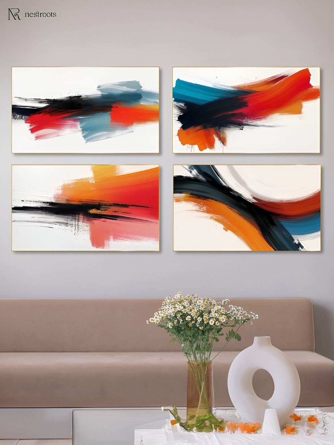 

nestroots Exquisite Four-Painting White & Red 4 Pieces Canvas Wall Arts