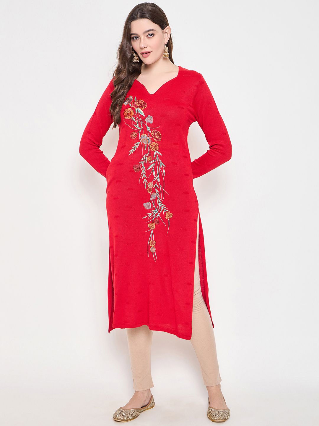 

Zigo Floral Embroidered V- Neck Woollen Straight Kurta, Red
