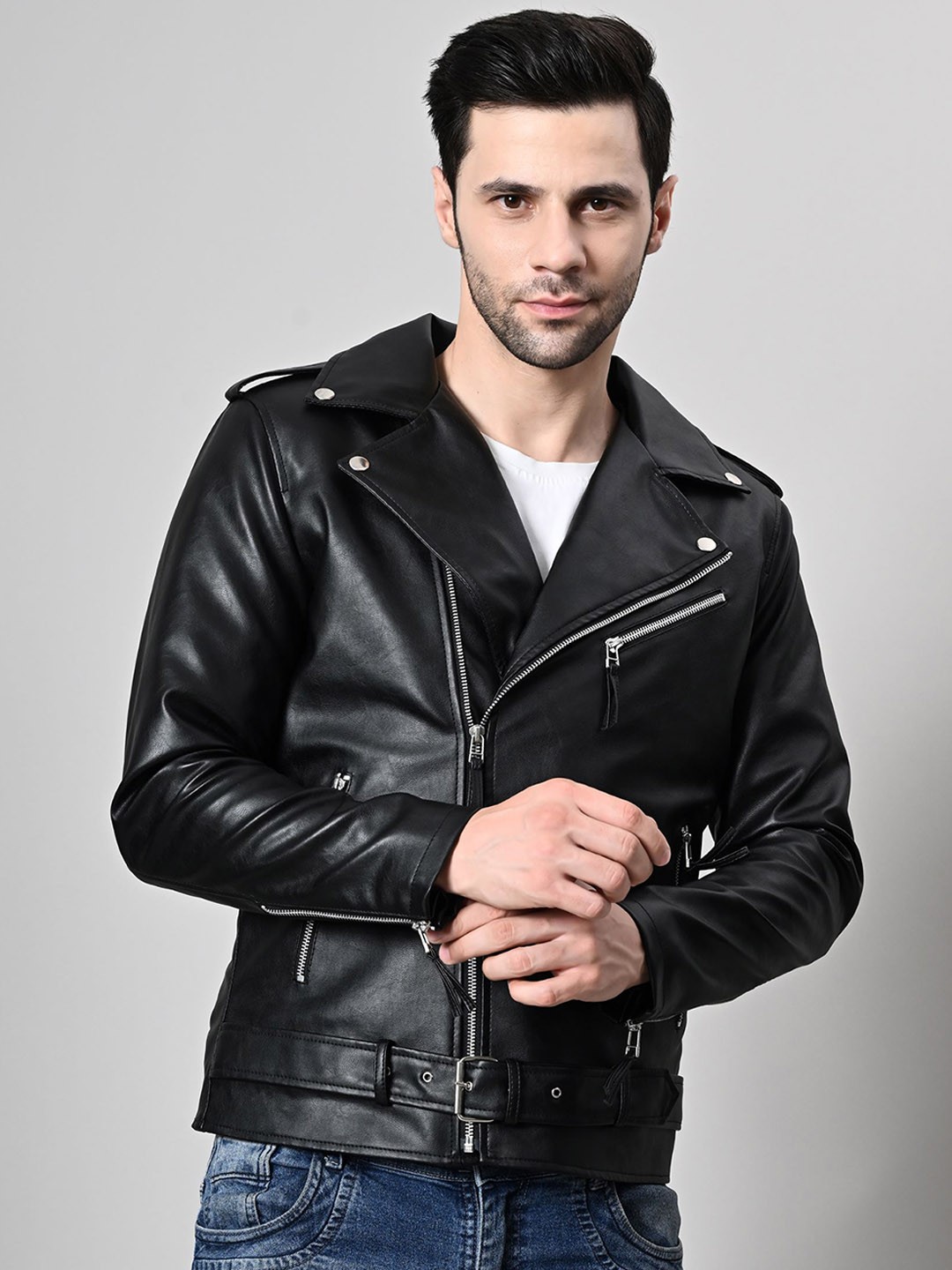 

TBOJ Men Lapel Collar Solid Casual Biker Jacket, Black
