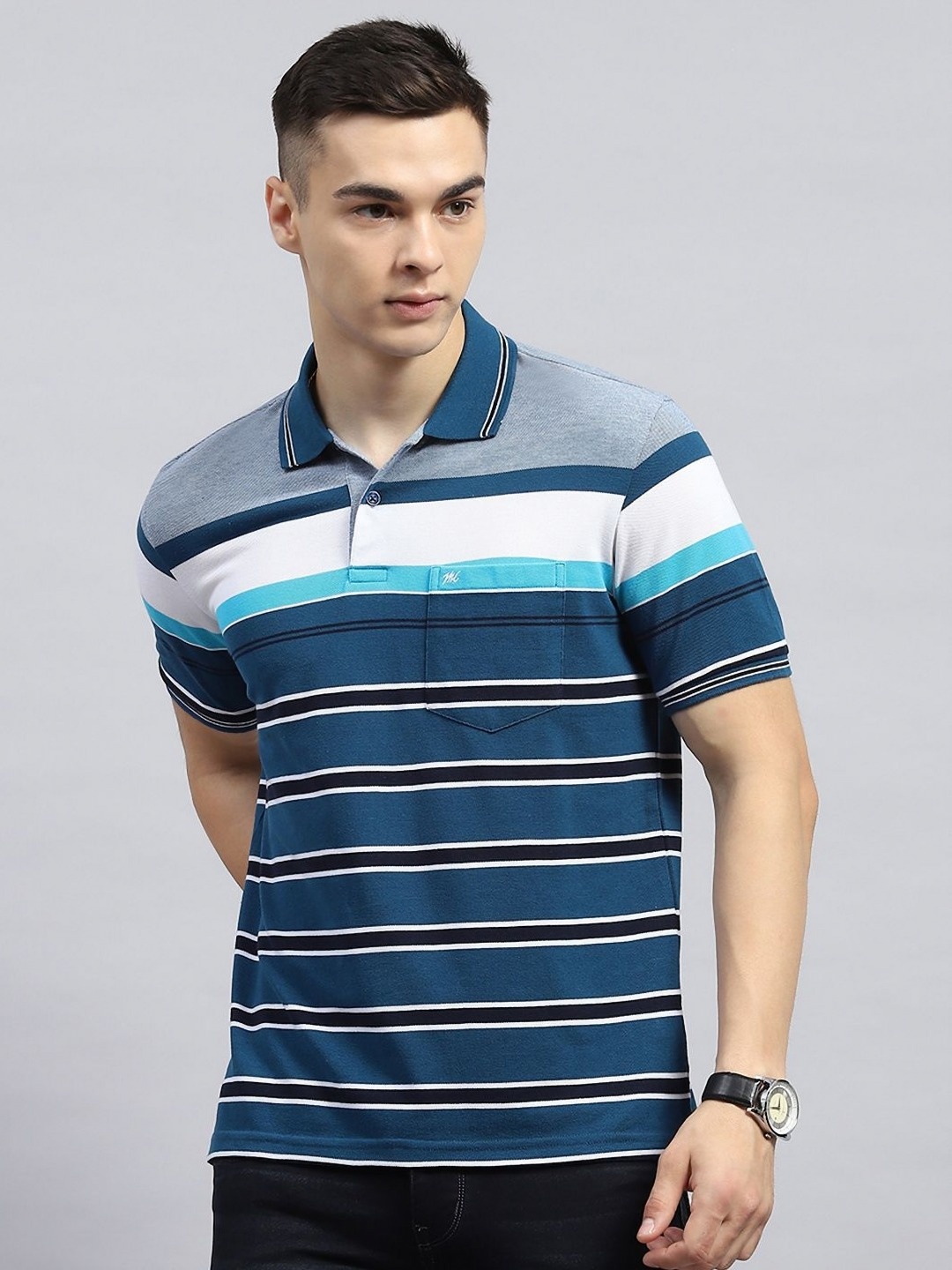 

Monte Carlo Men Striped Polo Collar Cotton T-shirt, Blue
