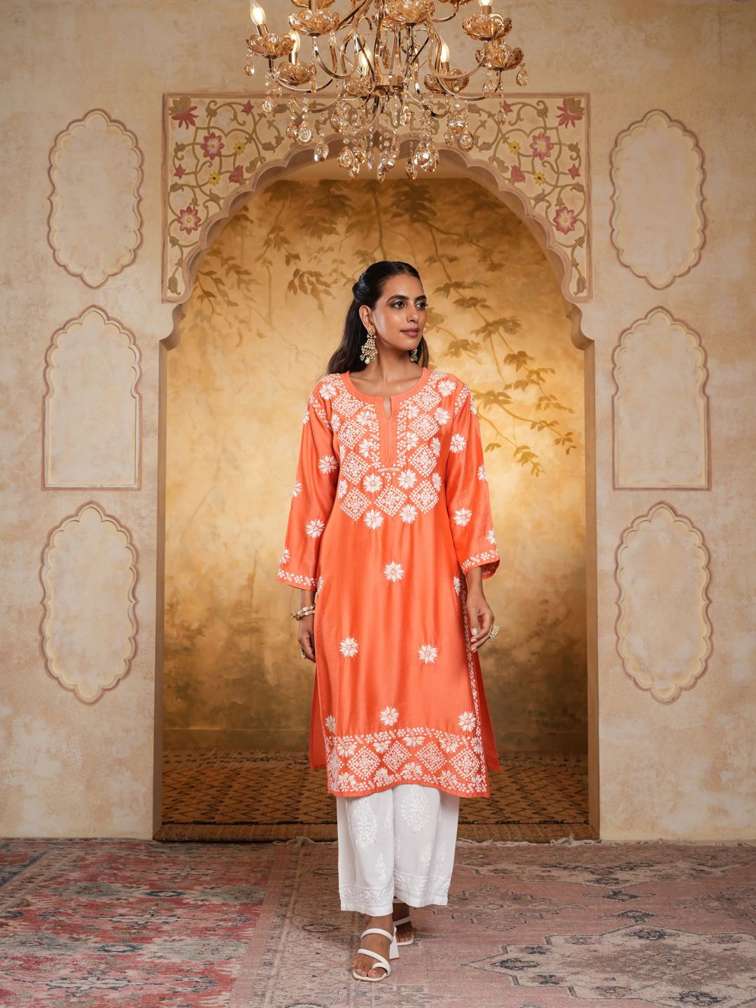 

House of Chikankari Chikankari Woven Long Kurta, Peach