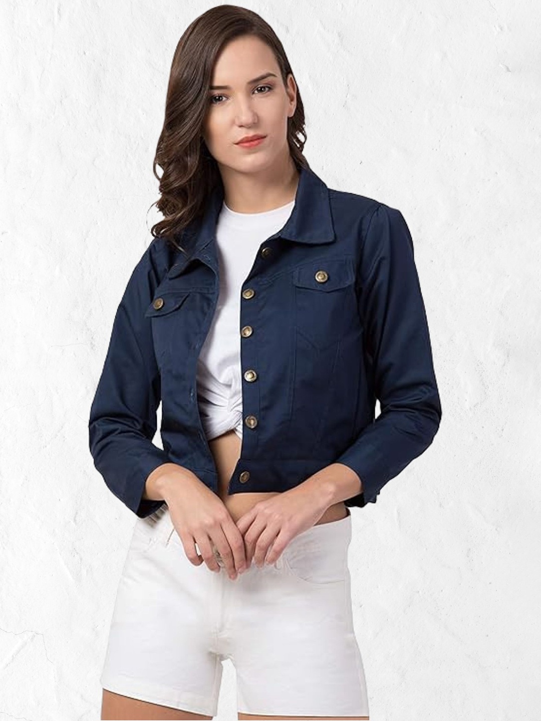

Funday Fashion Women Spread Collar Solid Cotton Casual Denim Jacket, Navy blue