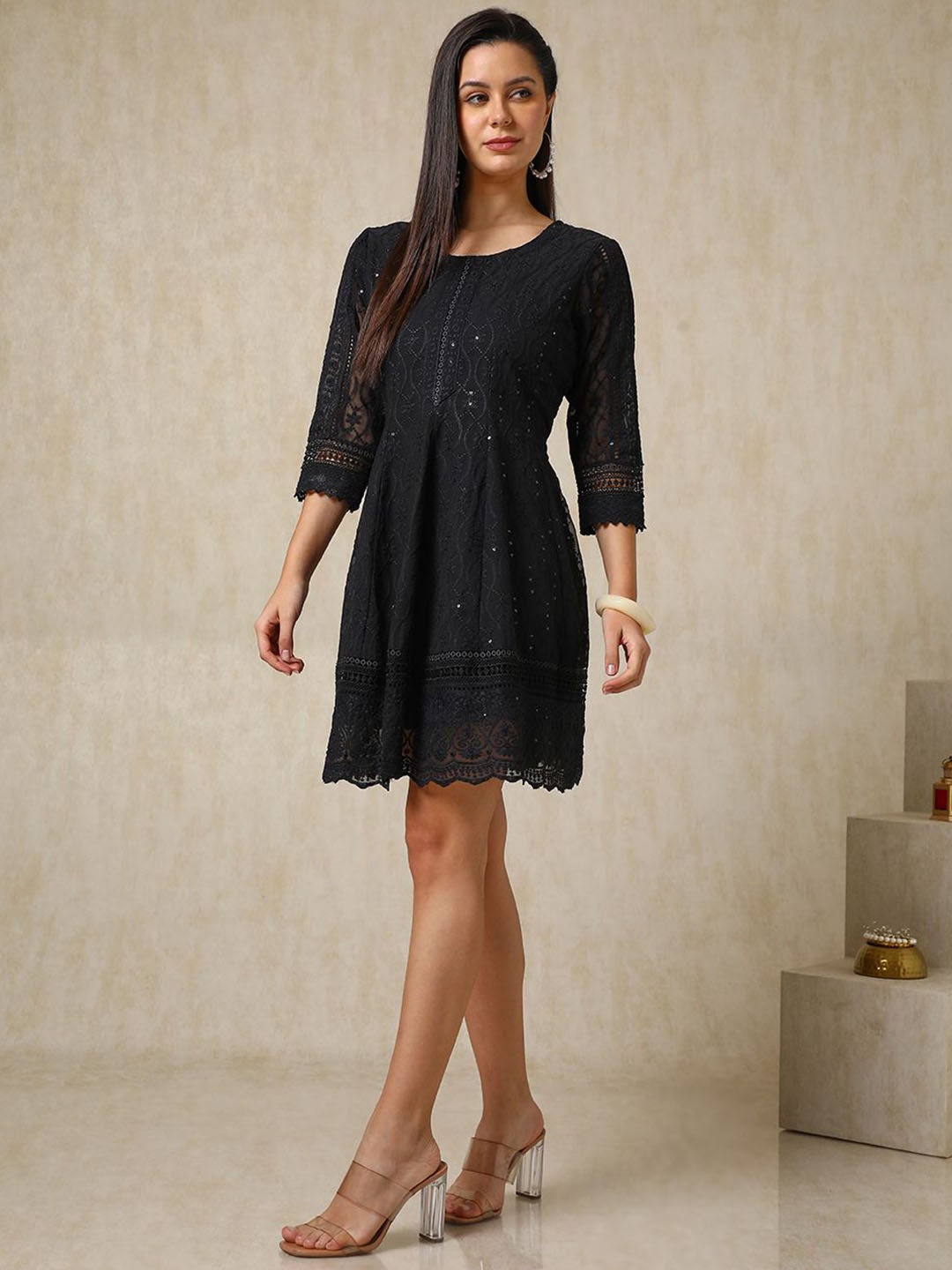 

Soch Embroidered Black Round Neck A-Line Knee-Length Ethnic Dress