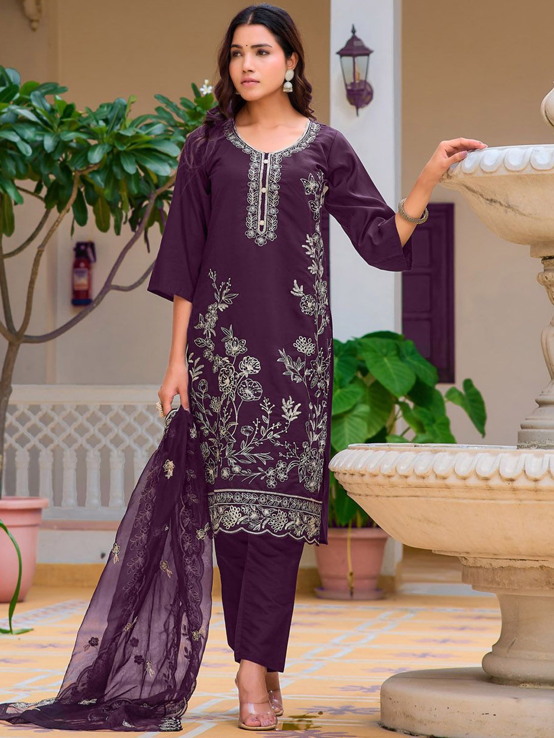 

KALINI Floral Embroidered Chanderi Cotton Kurta With Trousers & Dupatta, Burgundy
