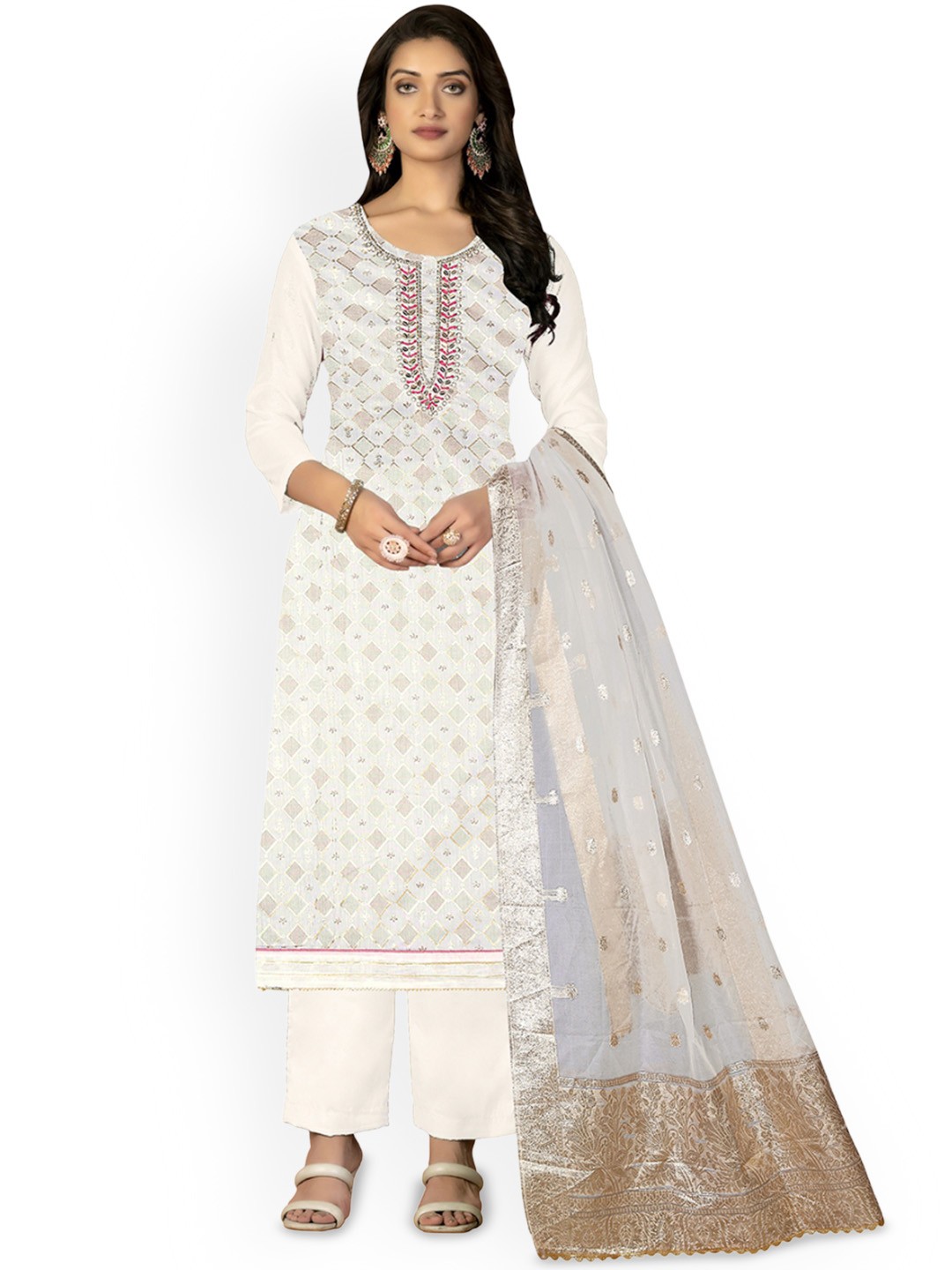 

Maroosh Geometric Embellished Beads and Stones Unstitched Dress Material, Off white