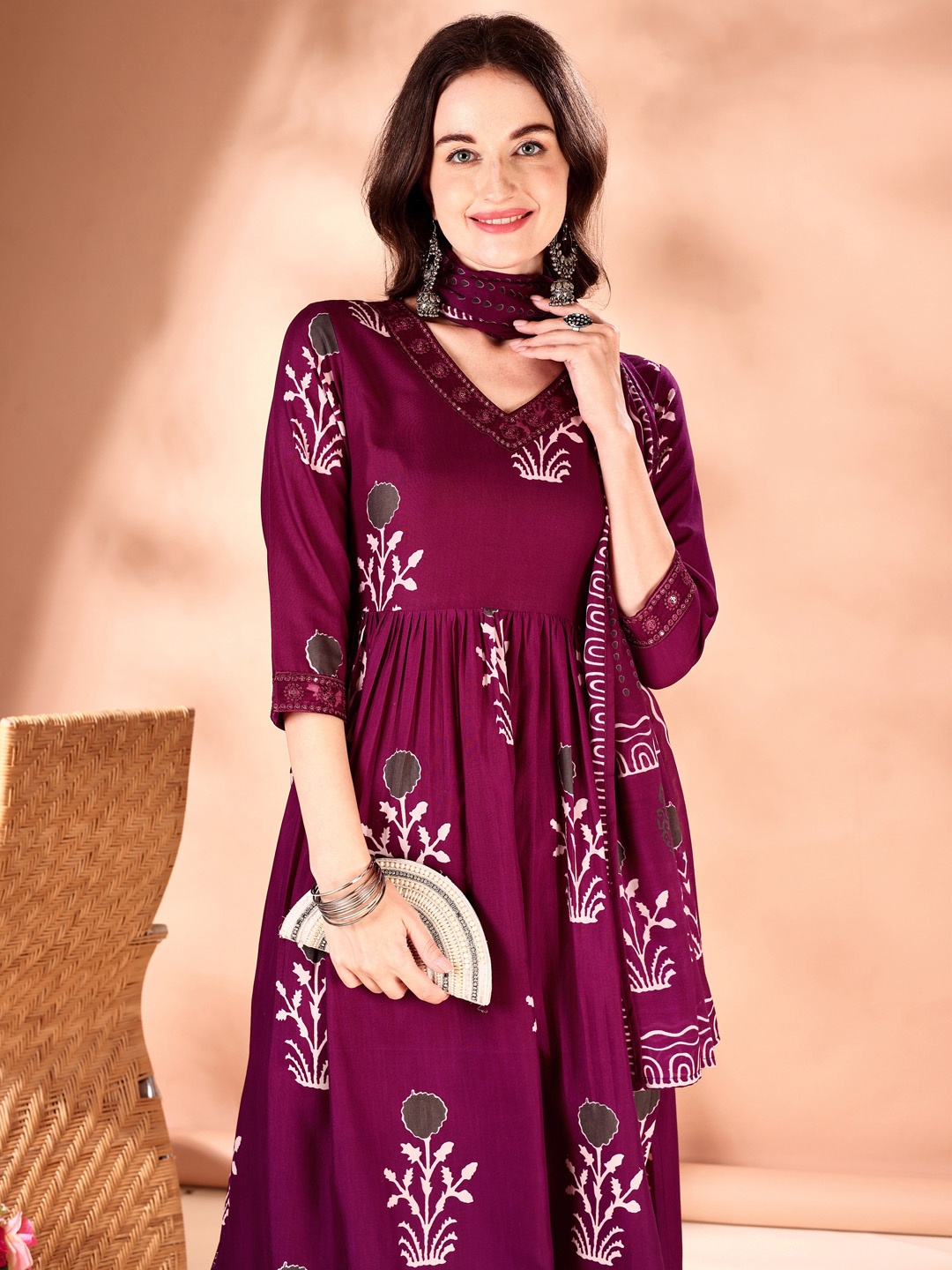 

KALINI Ethnic Motifs Printed Empire Sequinned A-Line Kurta With Trousers & Dupatta, Purple