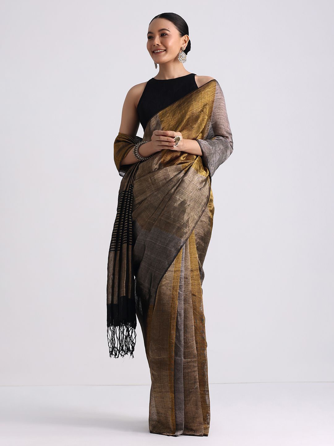 

KALKI Fashion Woven Design Zari Block Print Saree, Black