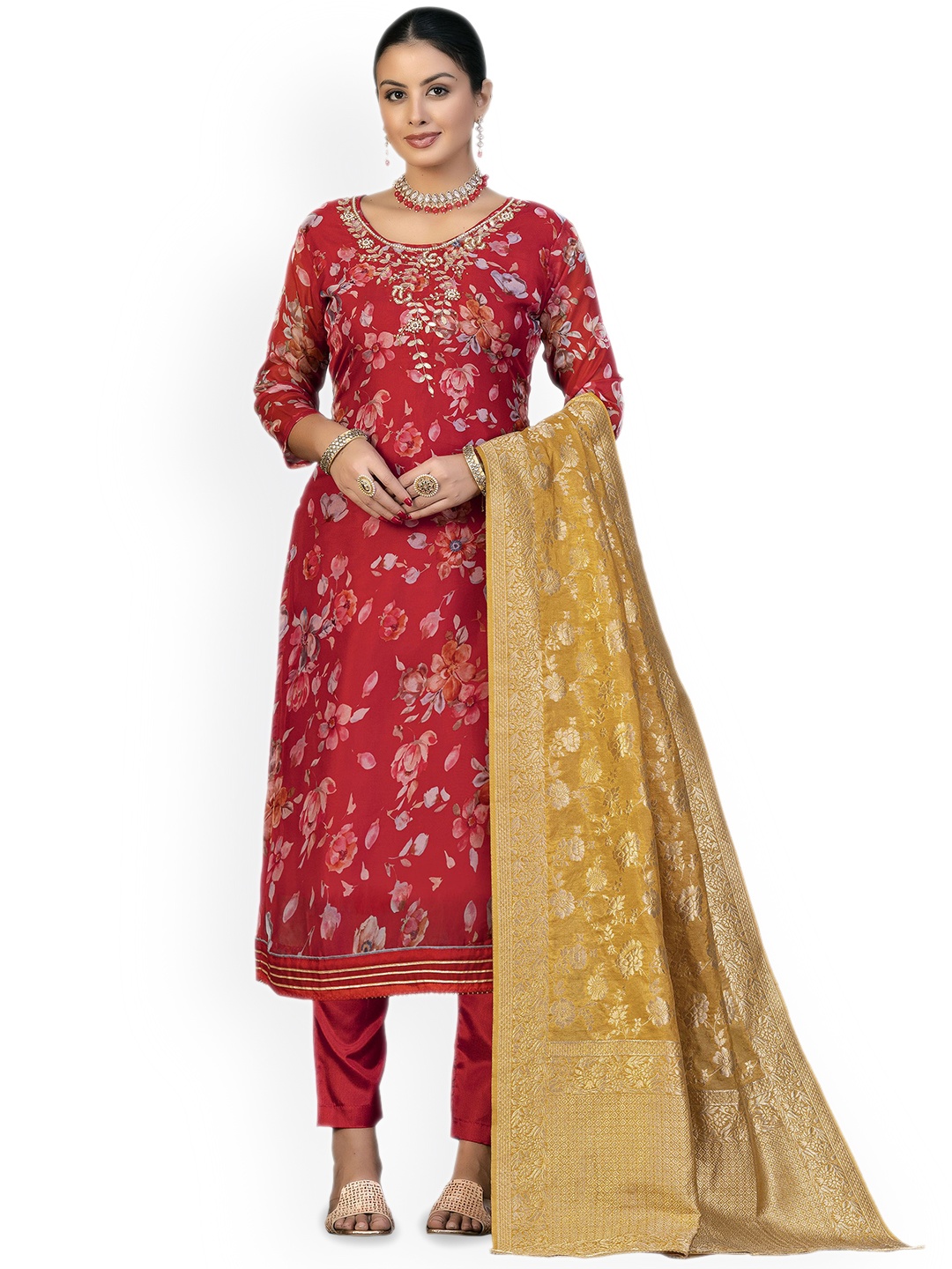 

Maroosh Floral Embellished Beads and Stones Organza Unstitched Dress Material, Red