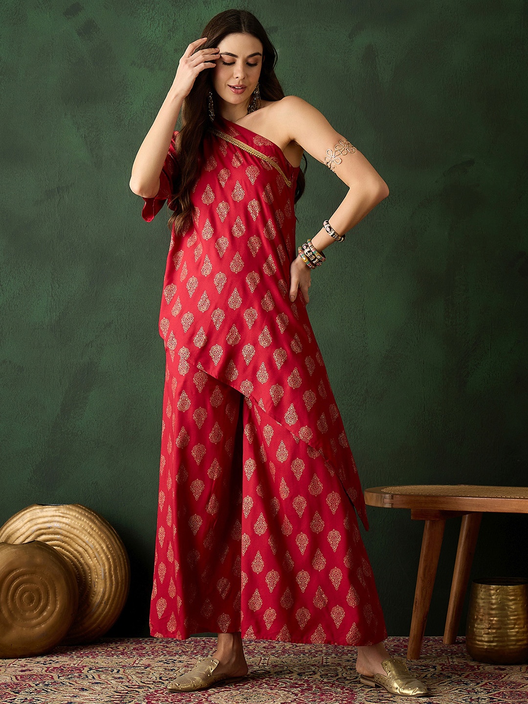 

Sangria Red and Gold Printed One Shoulder Asymmetrical Kurta & Palazzo