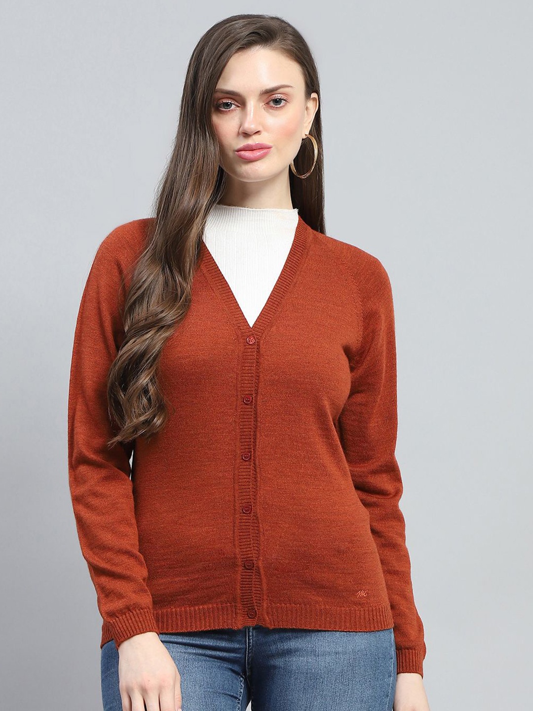 

Monte Carlo Women V Neck Cardigan Sweaters, Rust