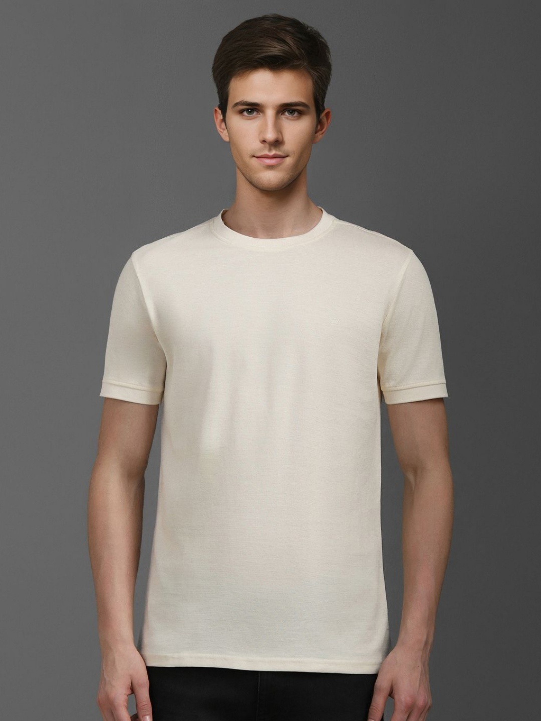 

Louis Philippe Men Solid Round Neck Cotton Slim Fit T-shirt, Cream