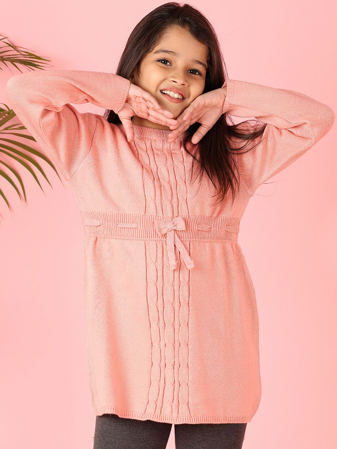 

V-Mart Girls Peach Cotton Long Sleeves Round Neck Pullover Sweaters