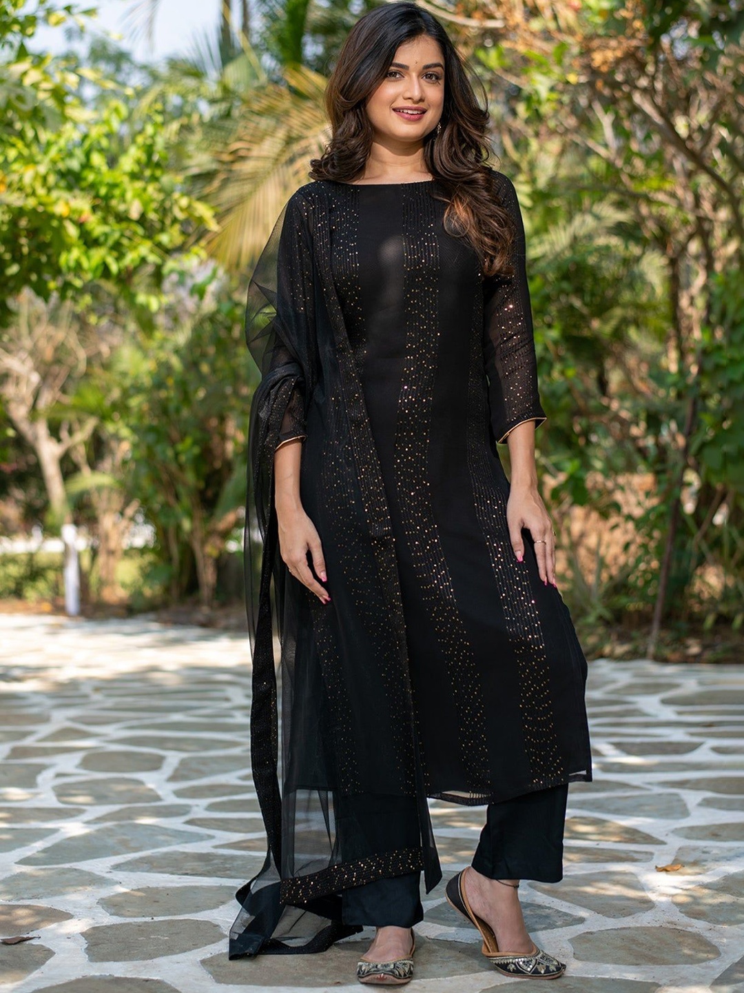 

KALINI Striped Embroidered Sequinned Georgette Straight Kurta with Trouser & Dupatta, Black