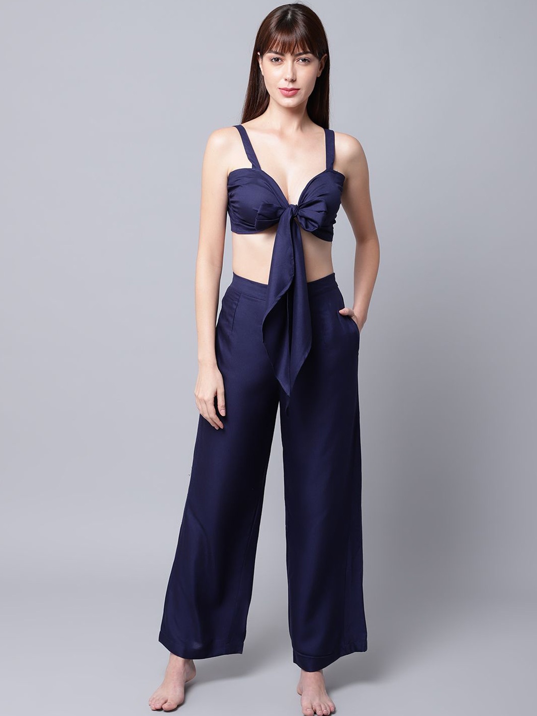 

EROTISSCH Blue Shoulder Straps Relaxed-Fit Crop Top With Trouser