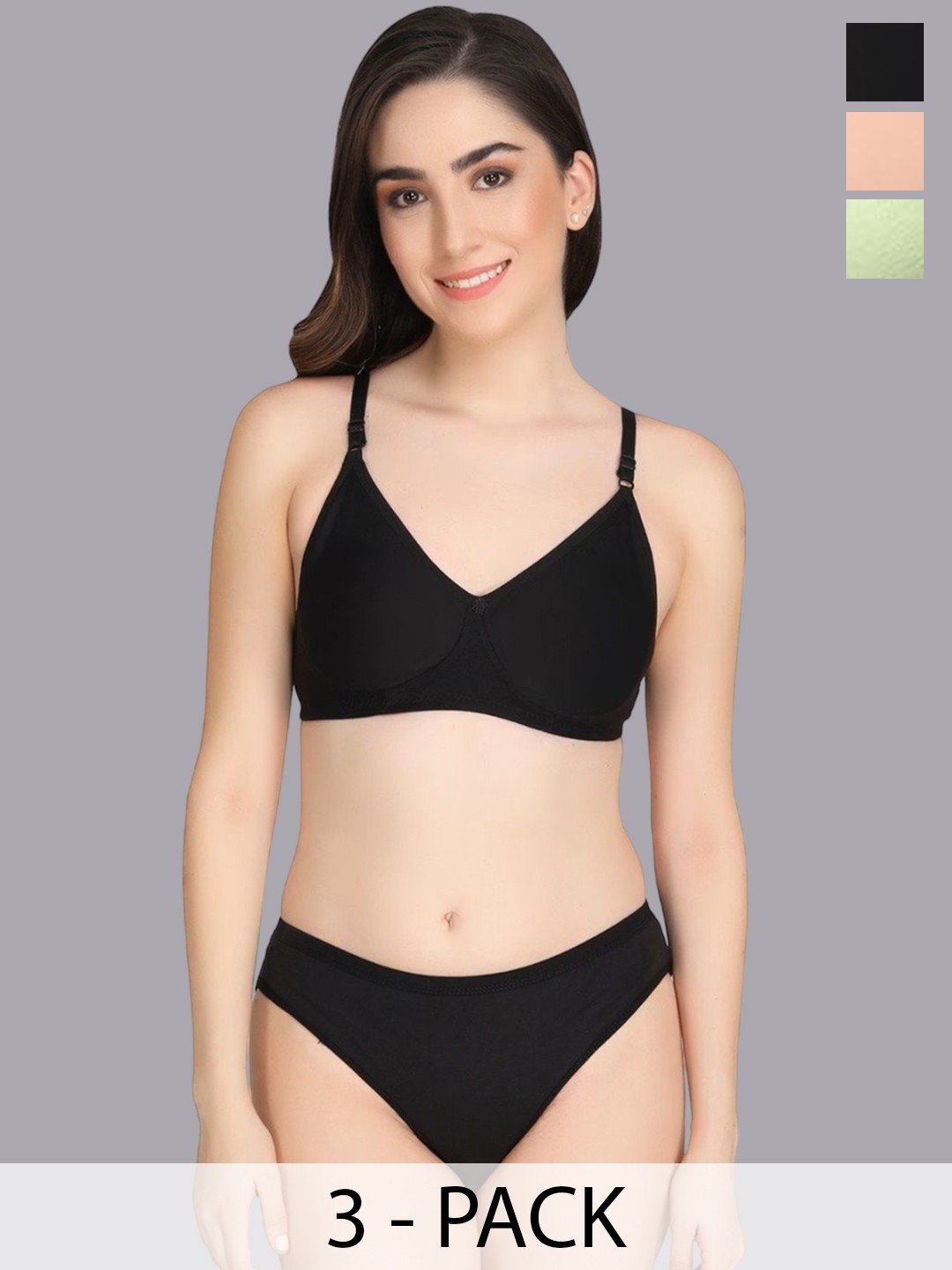 

Designer Bugs Women Pack Of 3 Lightly Padded Lingerie Set DBLS-B-PH-LG-30B, Black