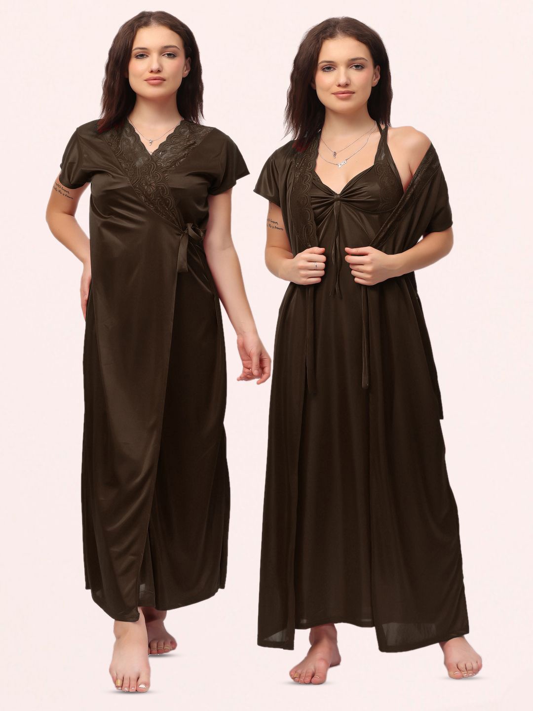 

NIGHT KEYS Maxi V-Neck Nightdress, Brown