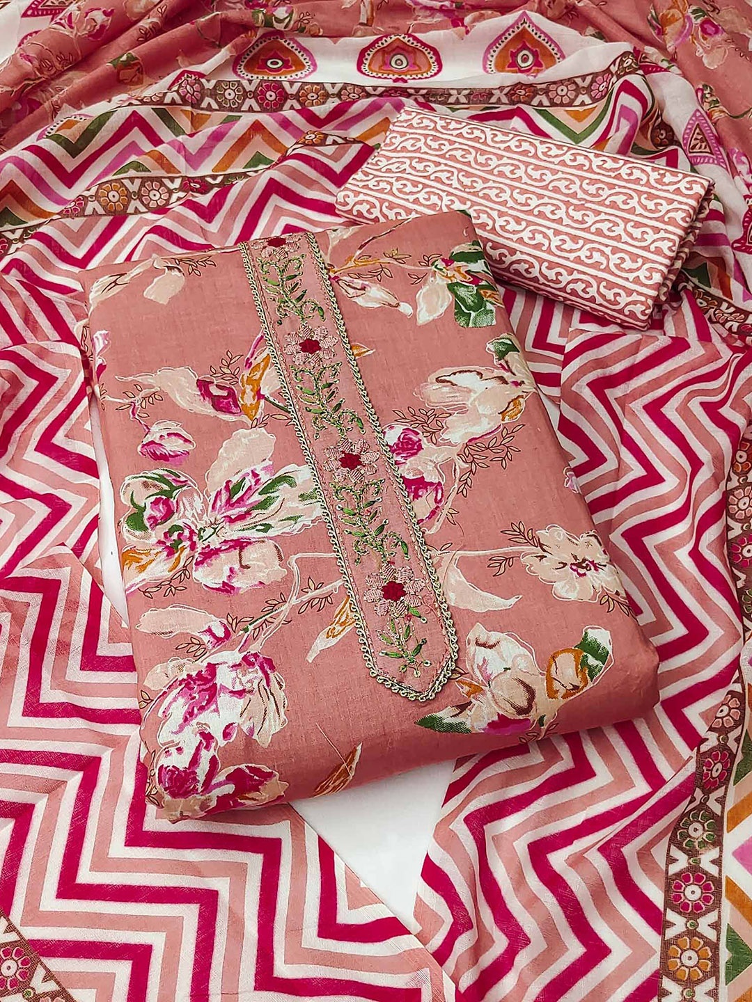 

Peachmode Floral Printed Pure Cotton Sequinned Unstitched Dress Material, Peach