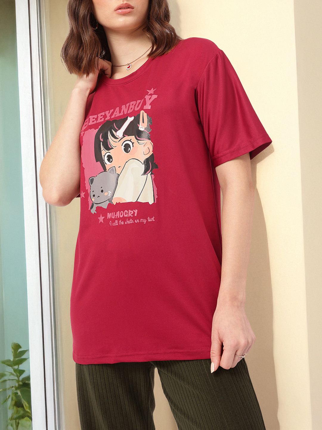 

DressBerry Comfy Coquette Cartoon Printed Relaxed Tee, Red