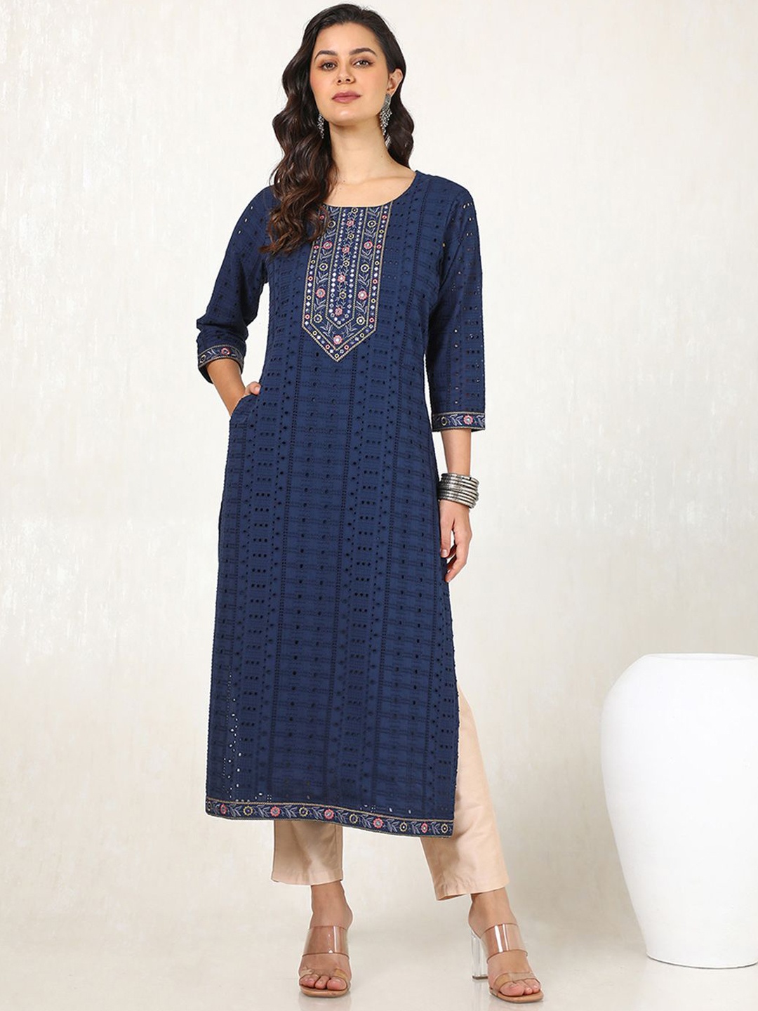 

Soch Floral Embroidered Mirror Work Cotton Straight Kurta, Blue