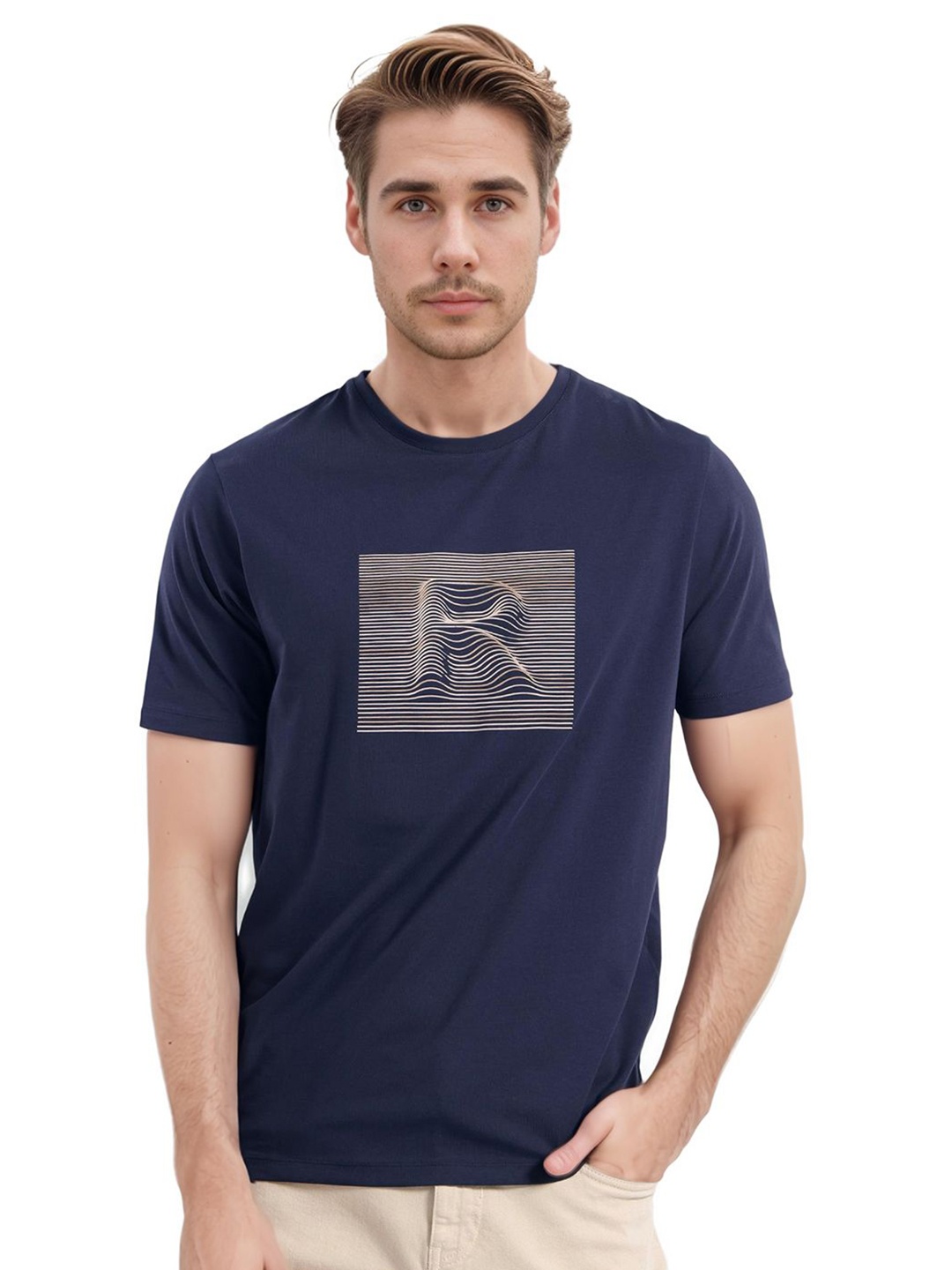 

RARE RABBIT Men Graphic Printed Round Neck Cotton T-shirt, Navy blue