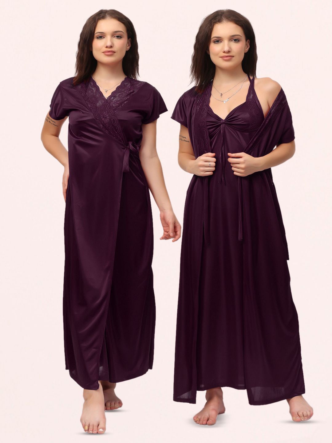 

NIGHT KEYS Women Set Of 6 Satin Maxi Nightdress, Maroon