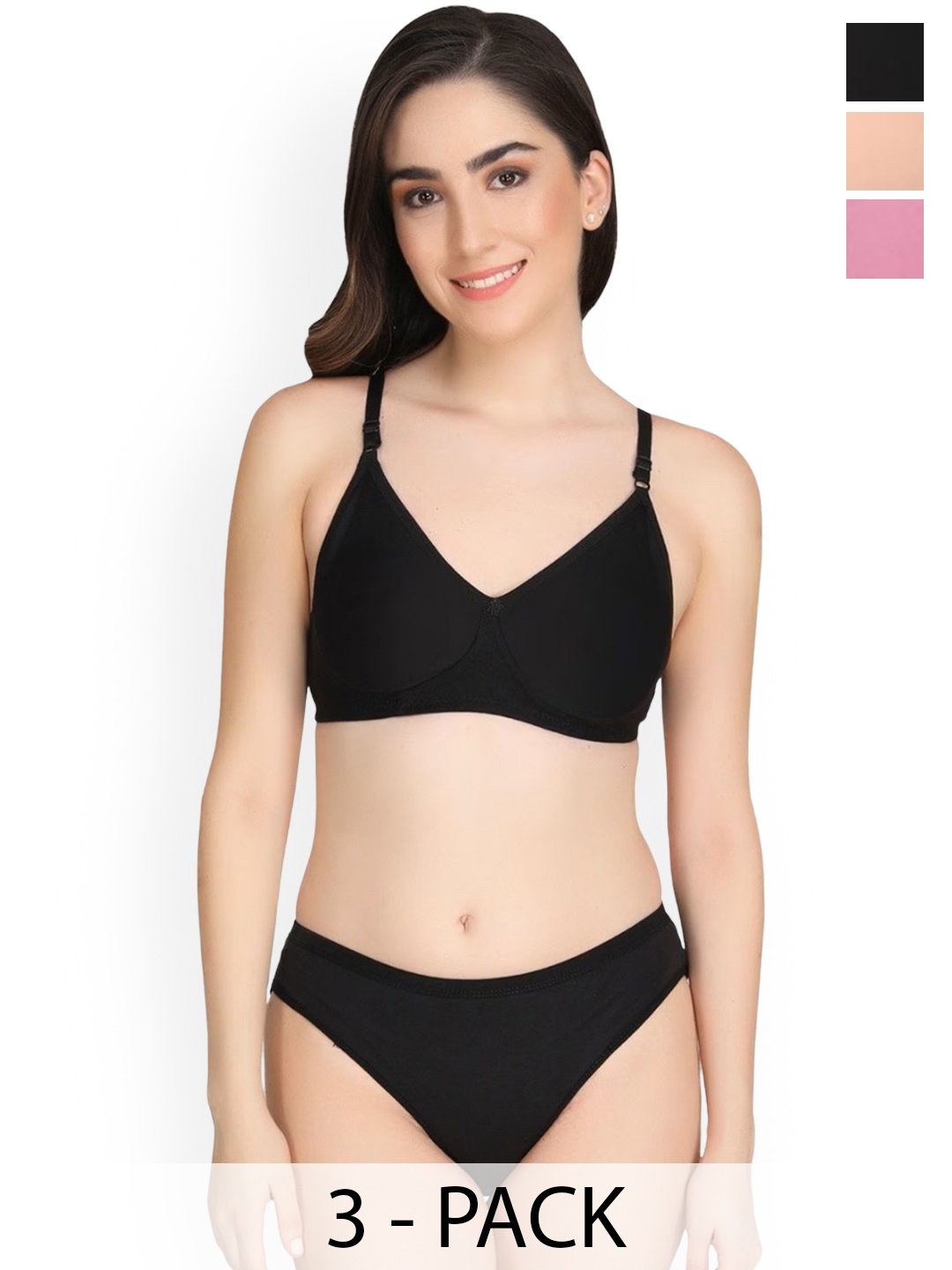 

Designer Bugs Women Pack Of 3 Lightly-Padded Lingerie Set, Black