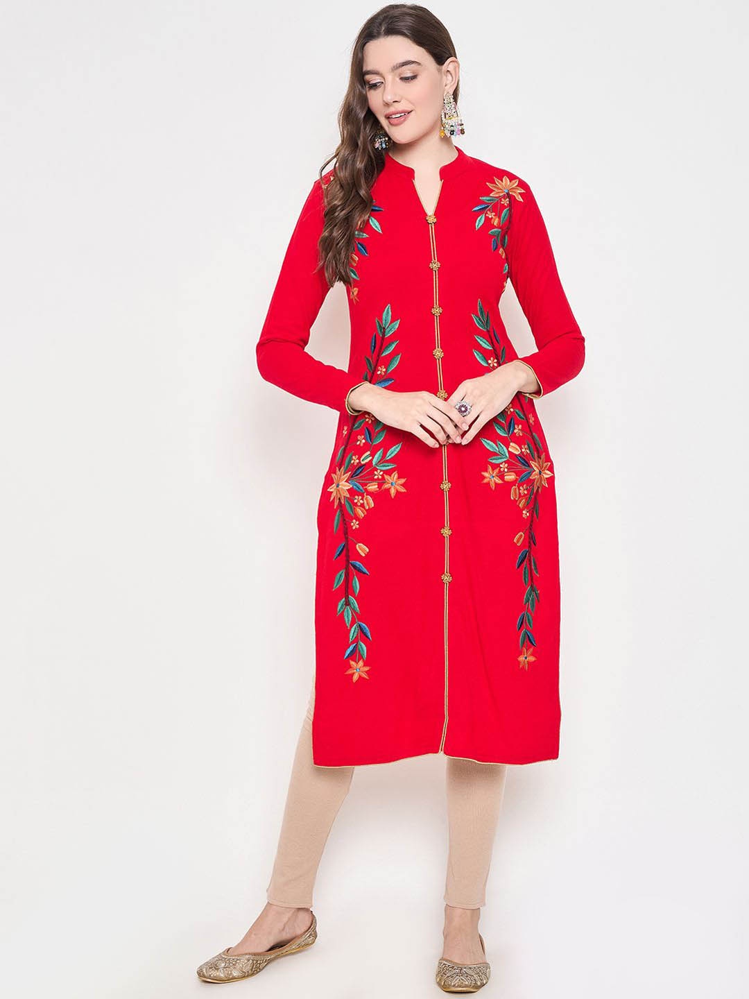 

Zigo Floral Embroidered Thread Work Straight Woollen Kurta, Red