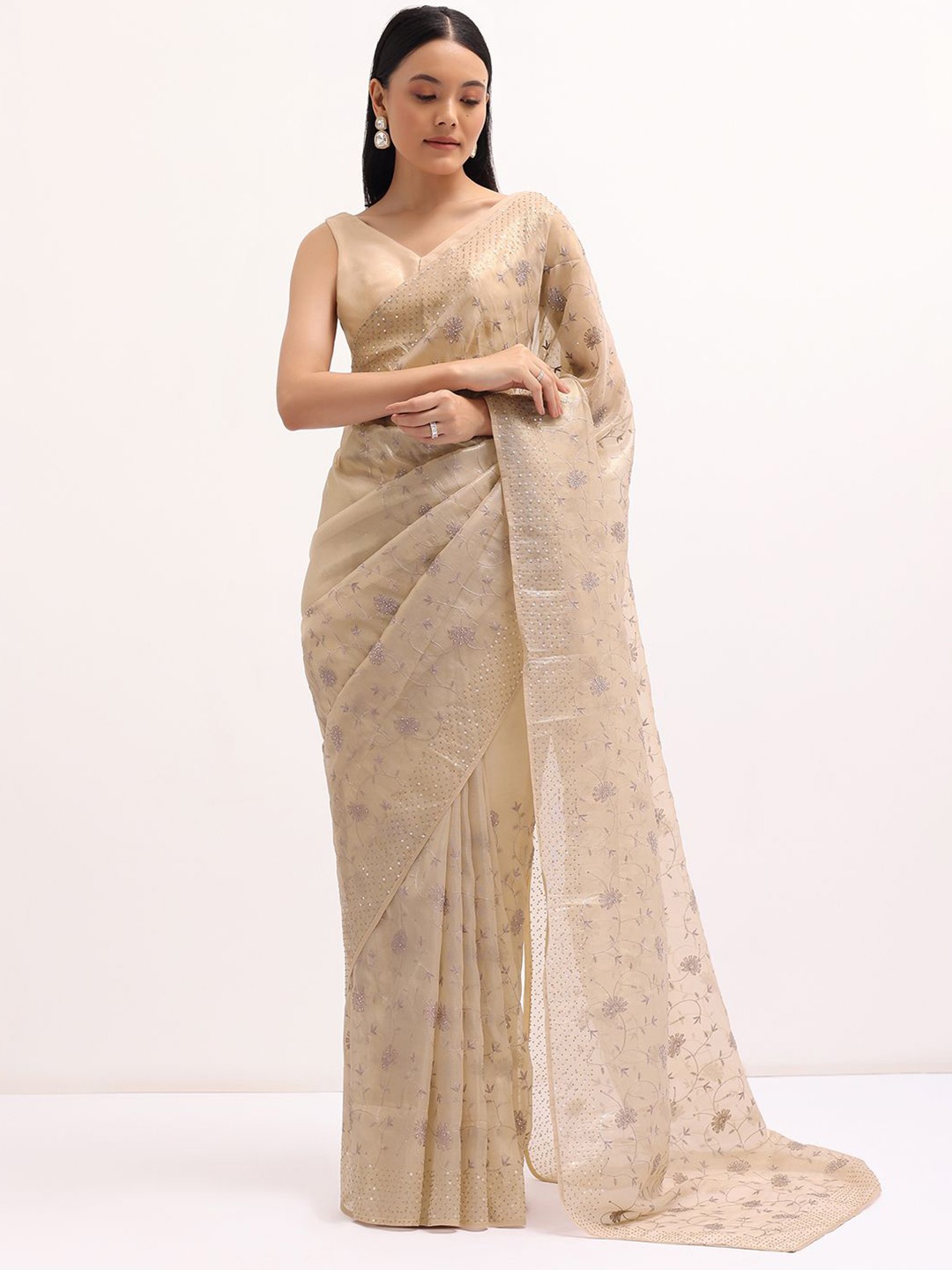 

KALKI Fashion Embellished Sequinned Tissue Saree, Beige