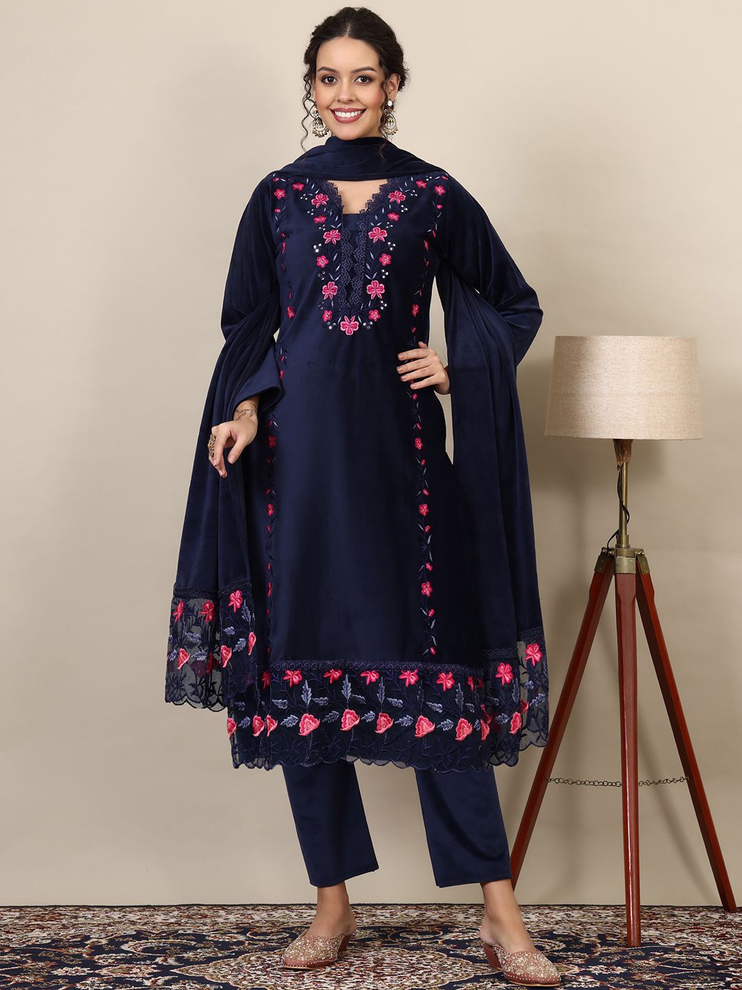 

KALINI Floral Embroidered Pure Wool Straight Kurta With Trousers & Dupatta, Blue