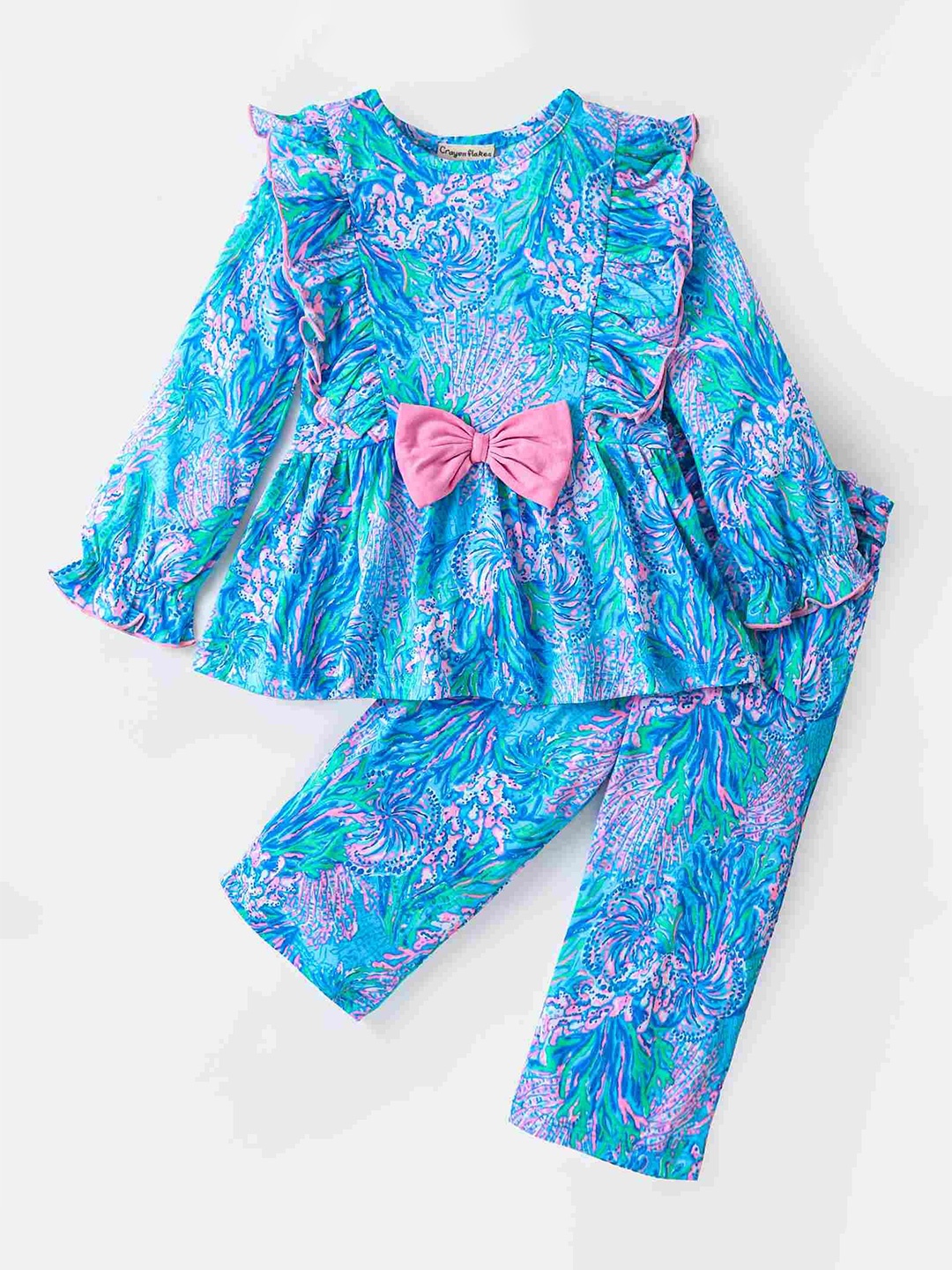 

CrayonFlakes Girls Floral Printed Pure Cotton Top with Trousers, Blue