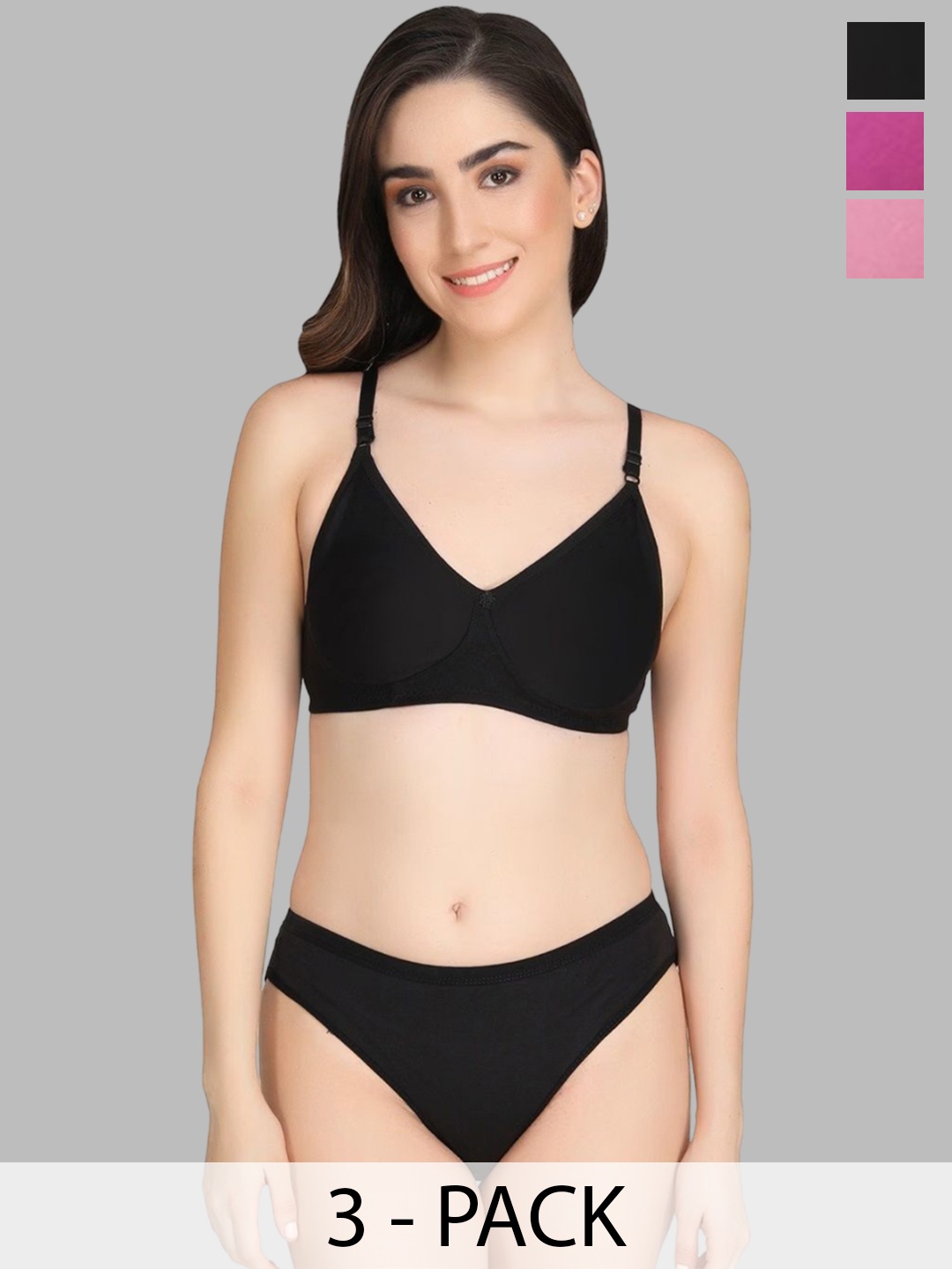 

Designer Bugs Women Pack Of 3 Lightly Padded Lingerie Set DBLS-B-DP-BP-30B, Black