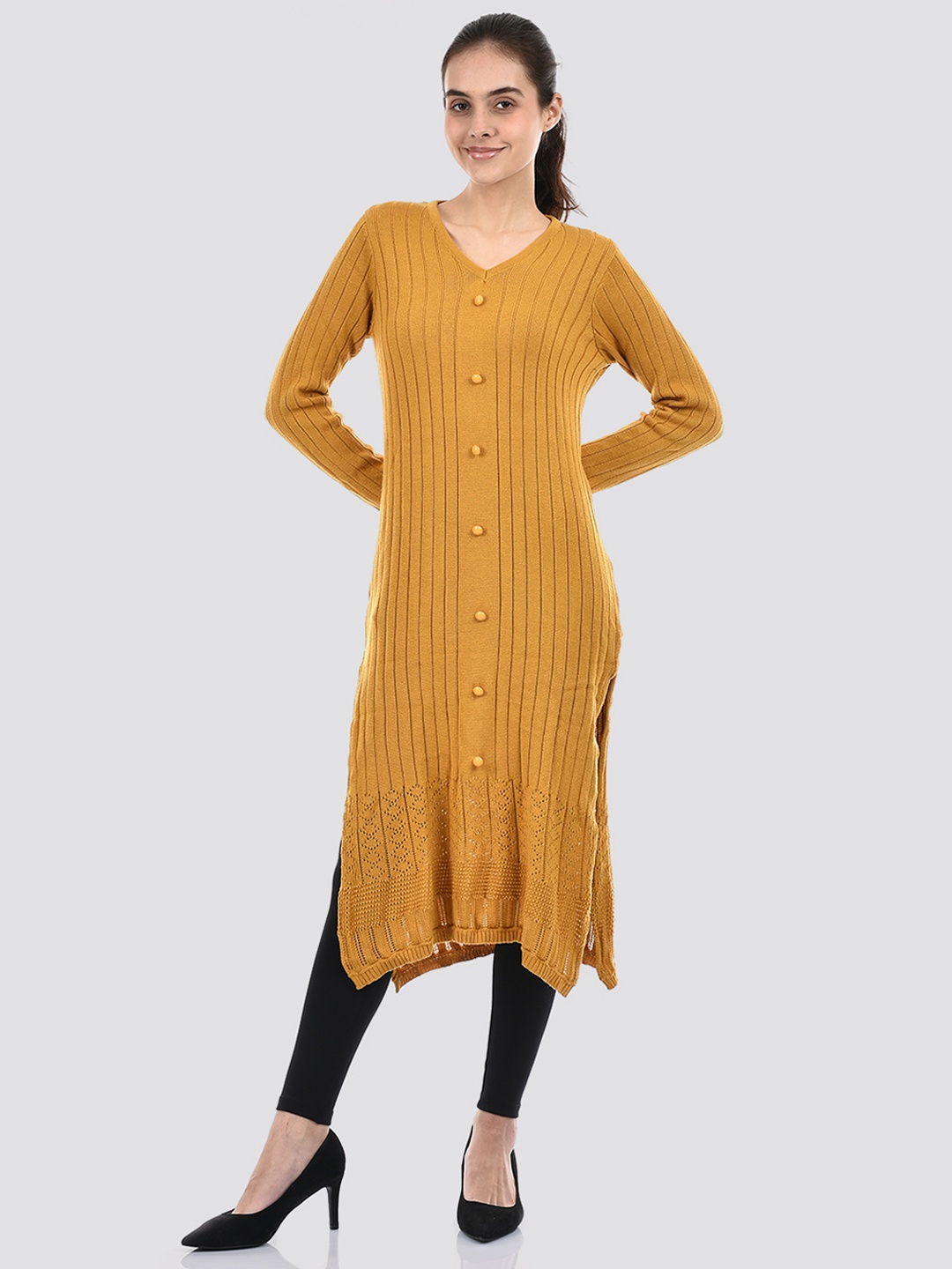 

American Eye Striped V-Neck Straight Kurta, Yellow
