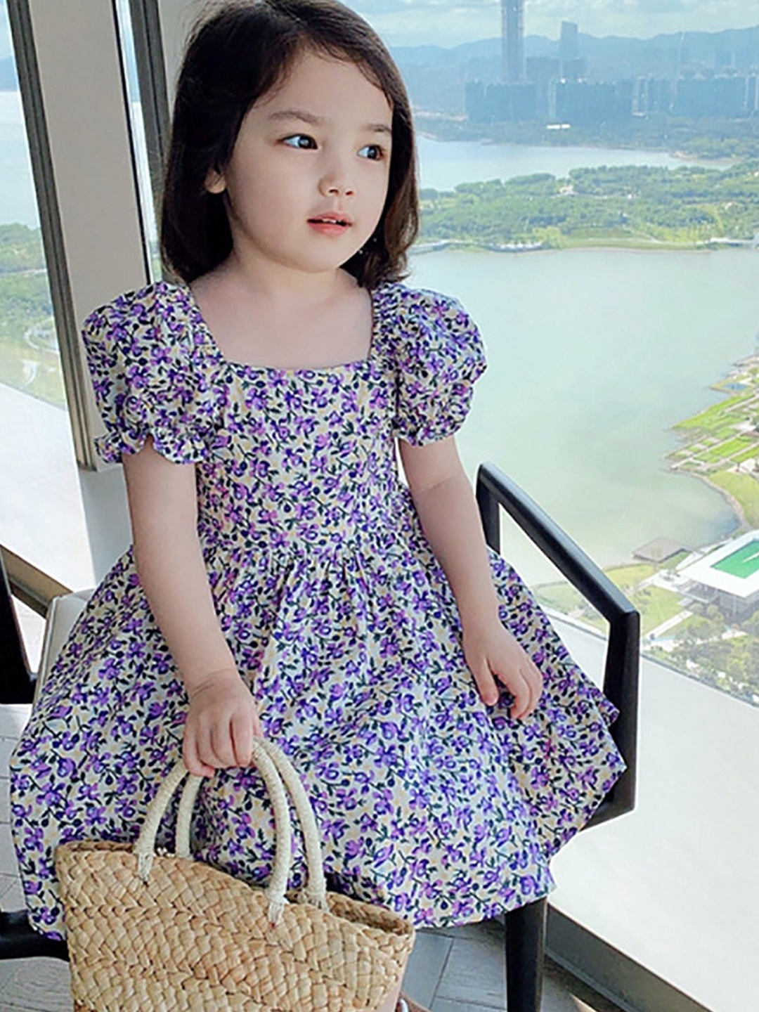 

LULU & SKY Girls Floral Printed Puff Sleeve Fit & Flare Casual Dress, White