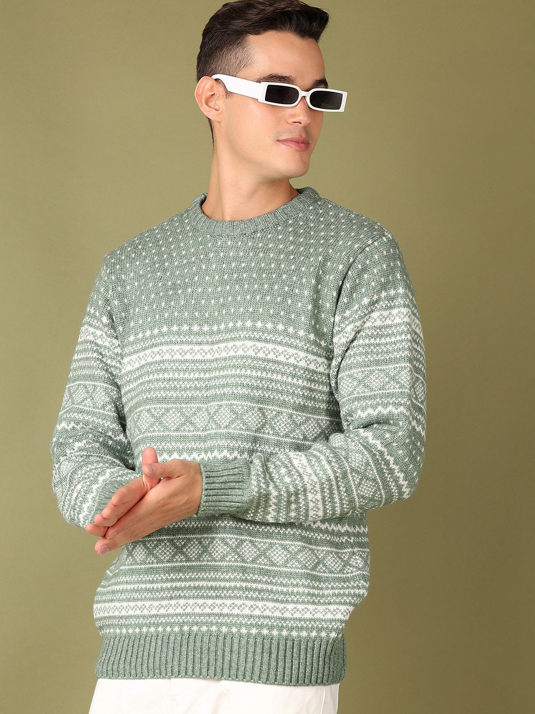 

V-Mart Men Cotton Geometric Self Design Pullover Sweaters, Green
