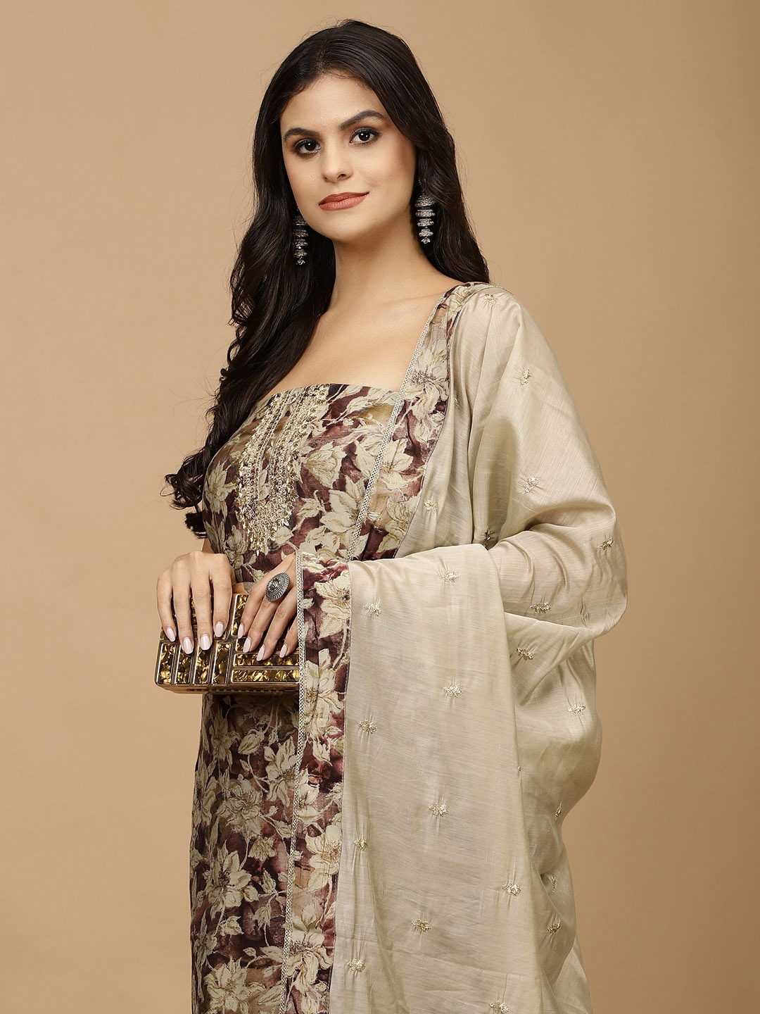 

Meena Bazaar Geometric Printed Sequinned Unstitched Dress Material, Brown