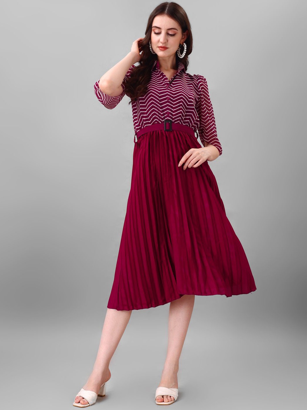 

Raiyani Enterprise Women Striped Georgette Fit & Flare Midi Dress, Magenta