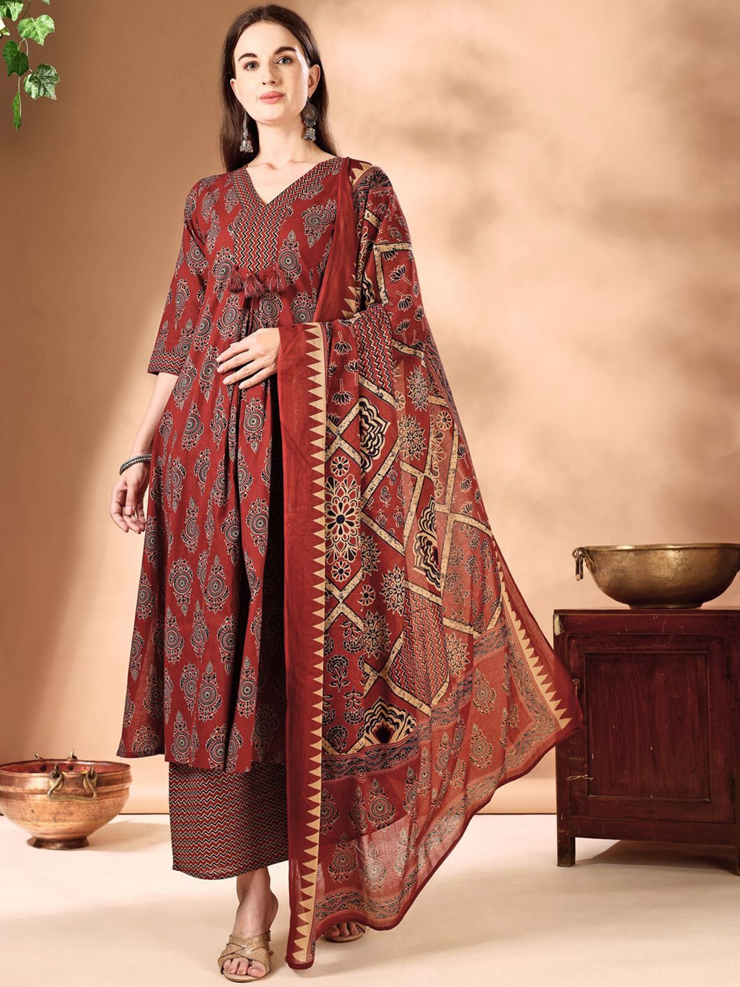 

KALINI Ethnic Motifs Printed Empire A-Line Kurta with Palazzo & Dupatta, Rust