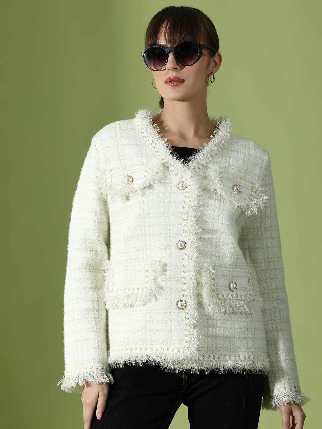 

KALINI Checked V-Neck Woollen Pullover, Off white