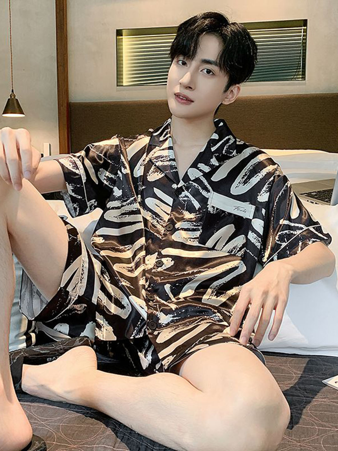 

StyleCast Abstract Printed Lapel Collar Short Sleeves Shirt With Shorts, Brown