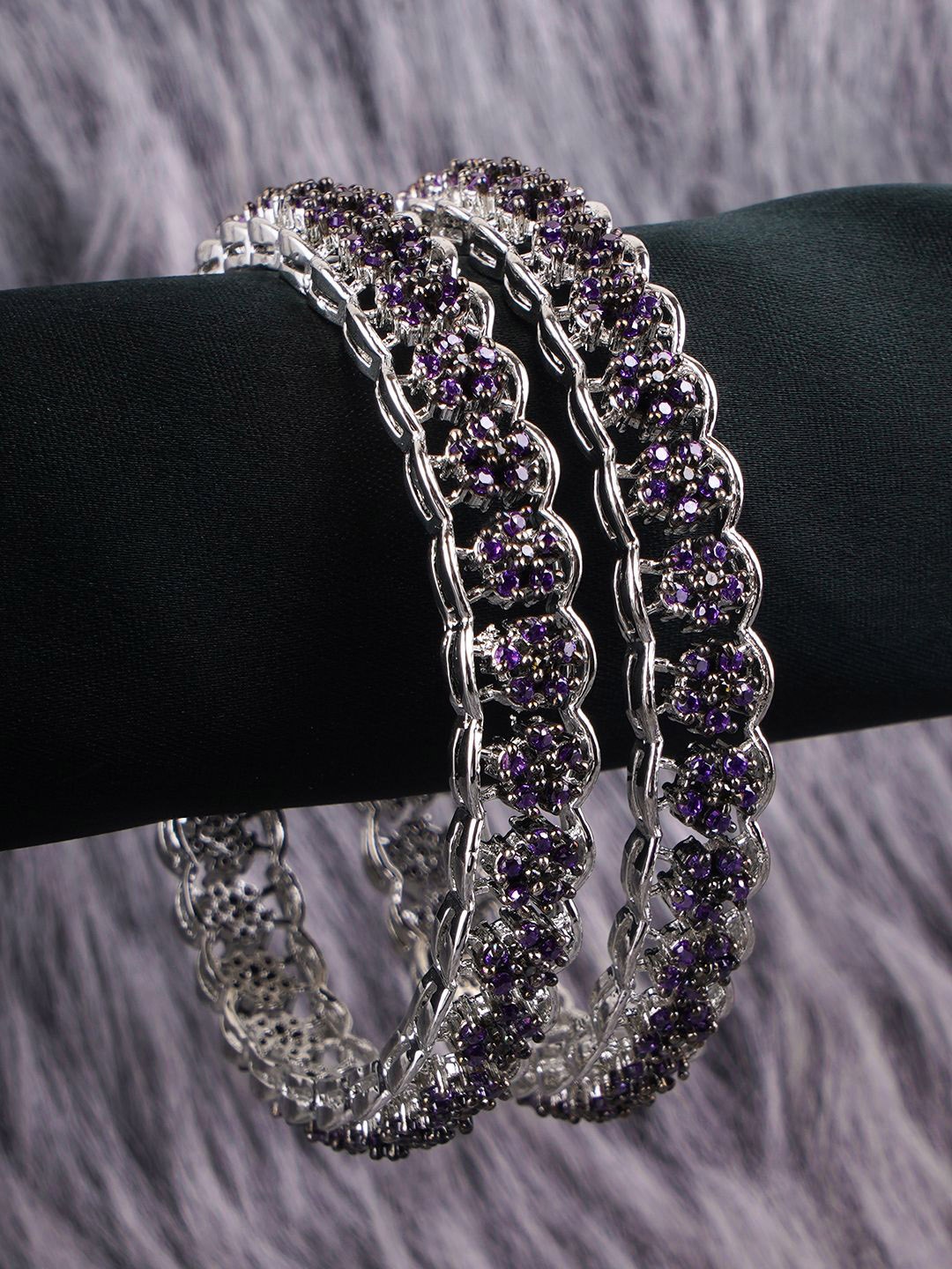 

Adwitiya Collection Set Of 2 Rhodium-Plated American Diamond-Studded Bangles, Silver