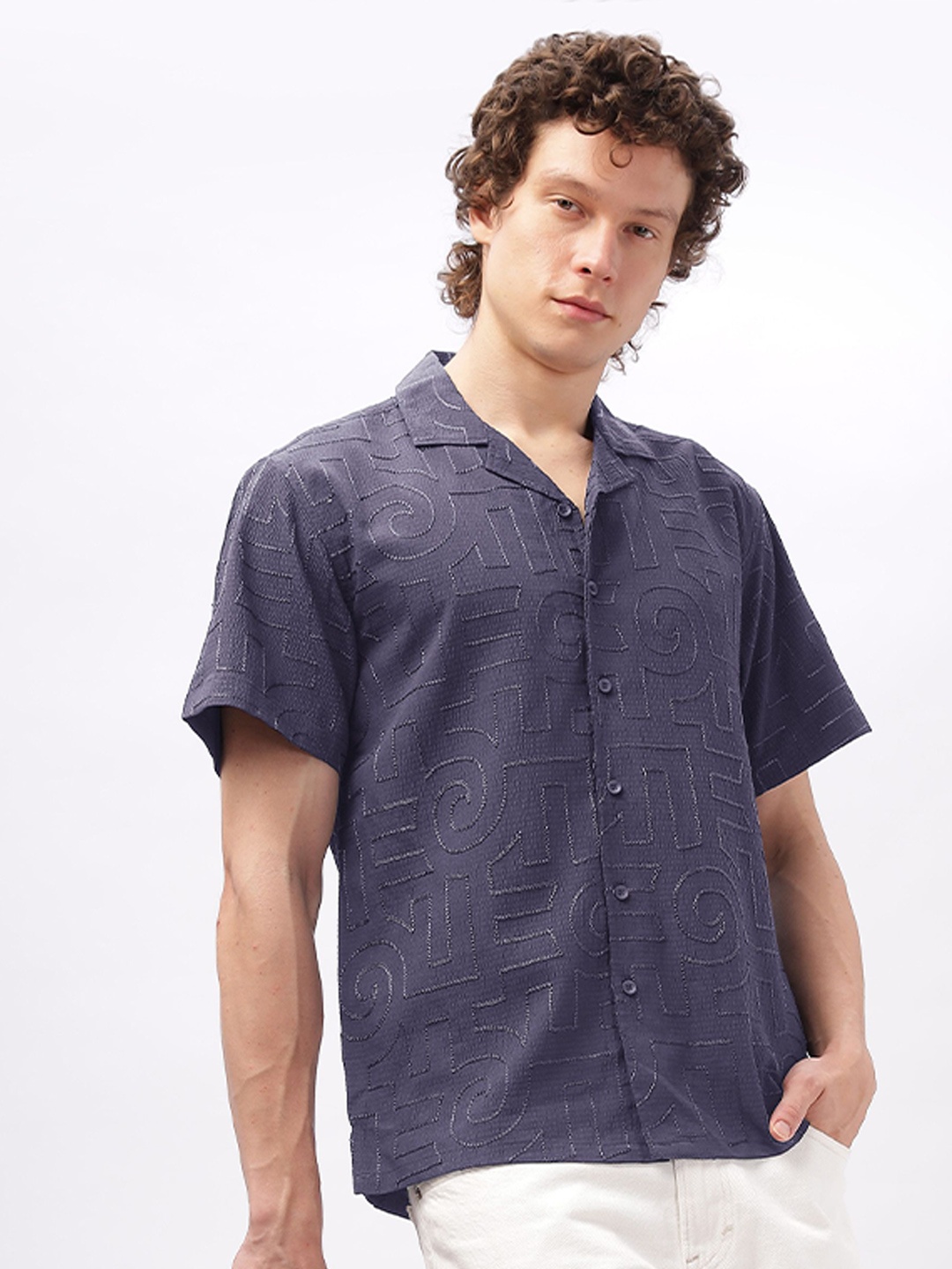 

HAMPTONS Men Cuban Collar Geometric Printed Cotton Casual Shirt, Navy blue