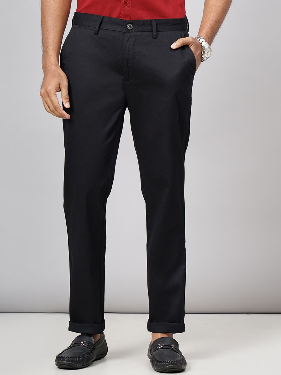 

JADE BLUE Men Cotton Mid-Rise Slim Fit Trousers, Black